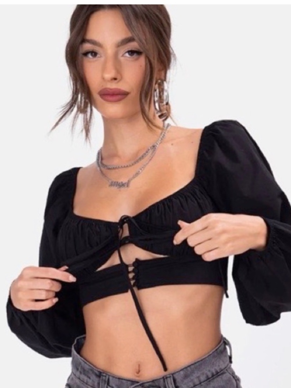 Adika Black Lace-Up Puff Sleeve Crop Top